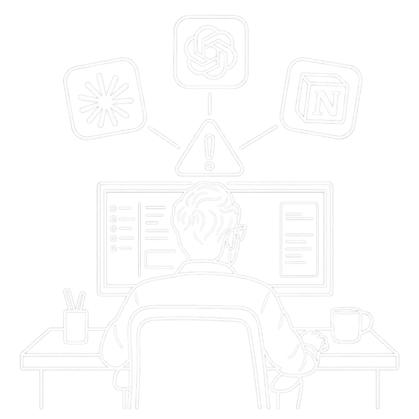 A warning symbol surrounded by widely used AI tools